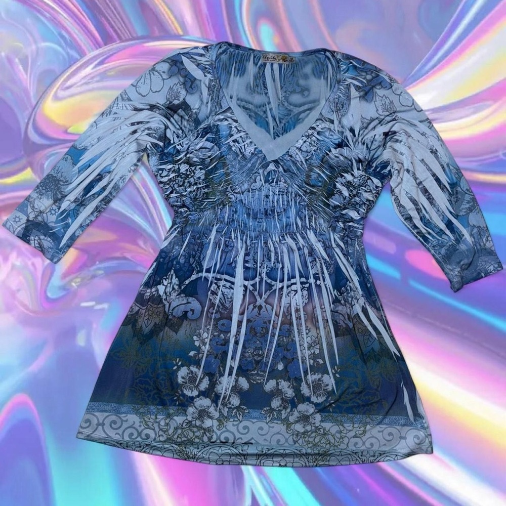 vtg y2k unity world wear cyber fairy sublimated babydoll tunic/dress, sz md